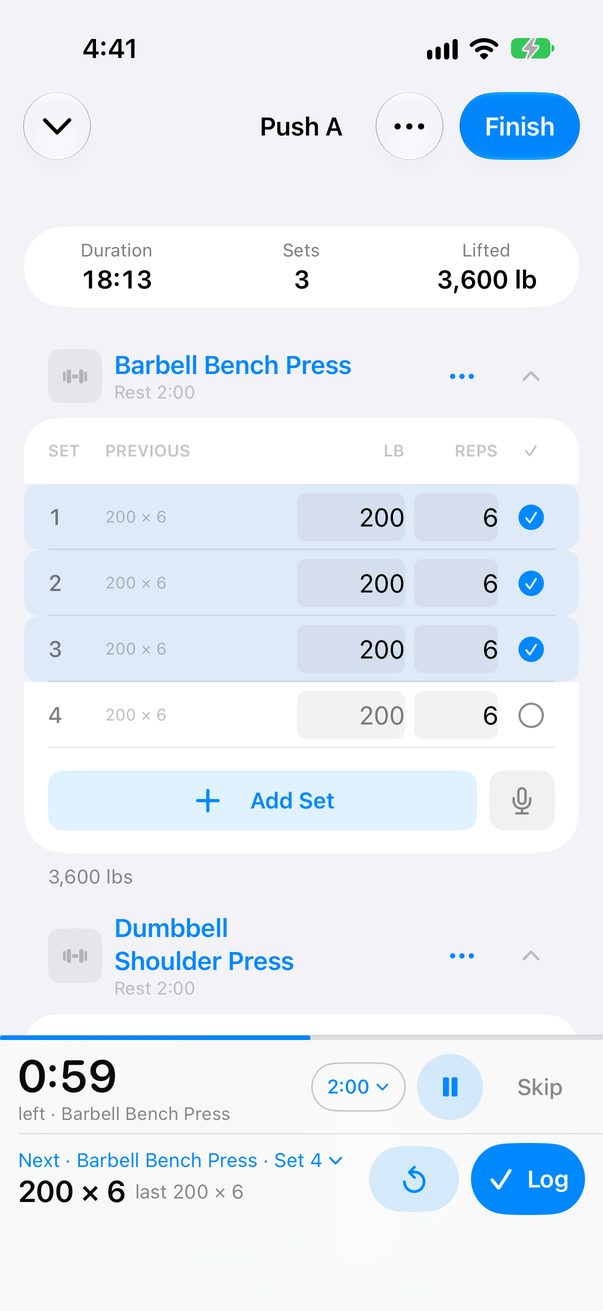 A live workout: Barbell Bench Press with 3 sets ticked against last time's weights, and the rest timer running